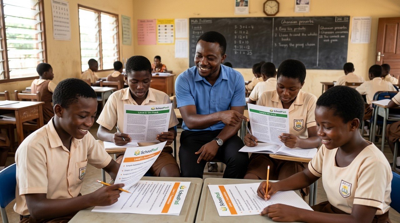 Ghanaian primary students working at different skill levels in a SchoolPadi-powered differentiated literacy classroom